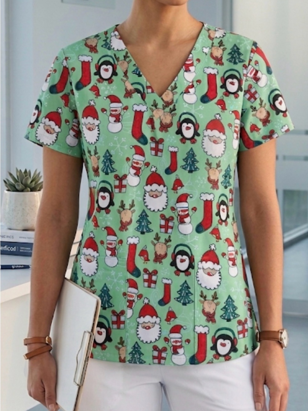 Butter-Soft Holiday Cartoon Print Scrub Top - Mint Green Xmas hollydays utility